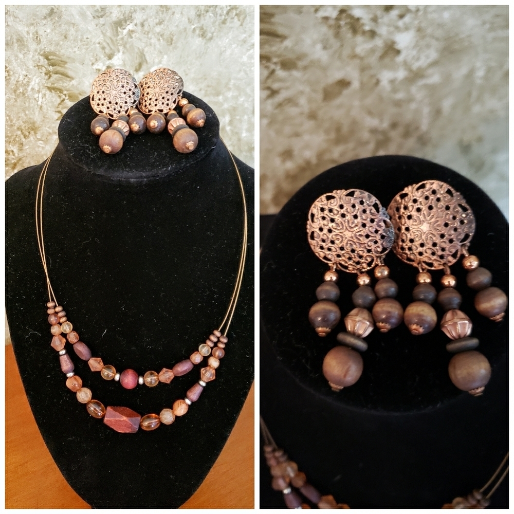 Maurices Necklace & Rare Mesh-like lightweight Earrings wooden other beads  NWOT